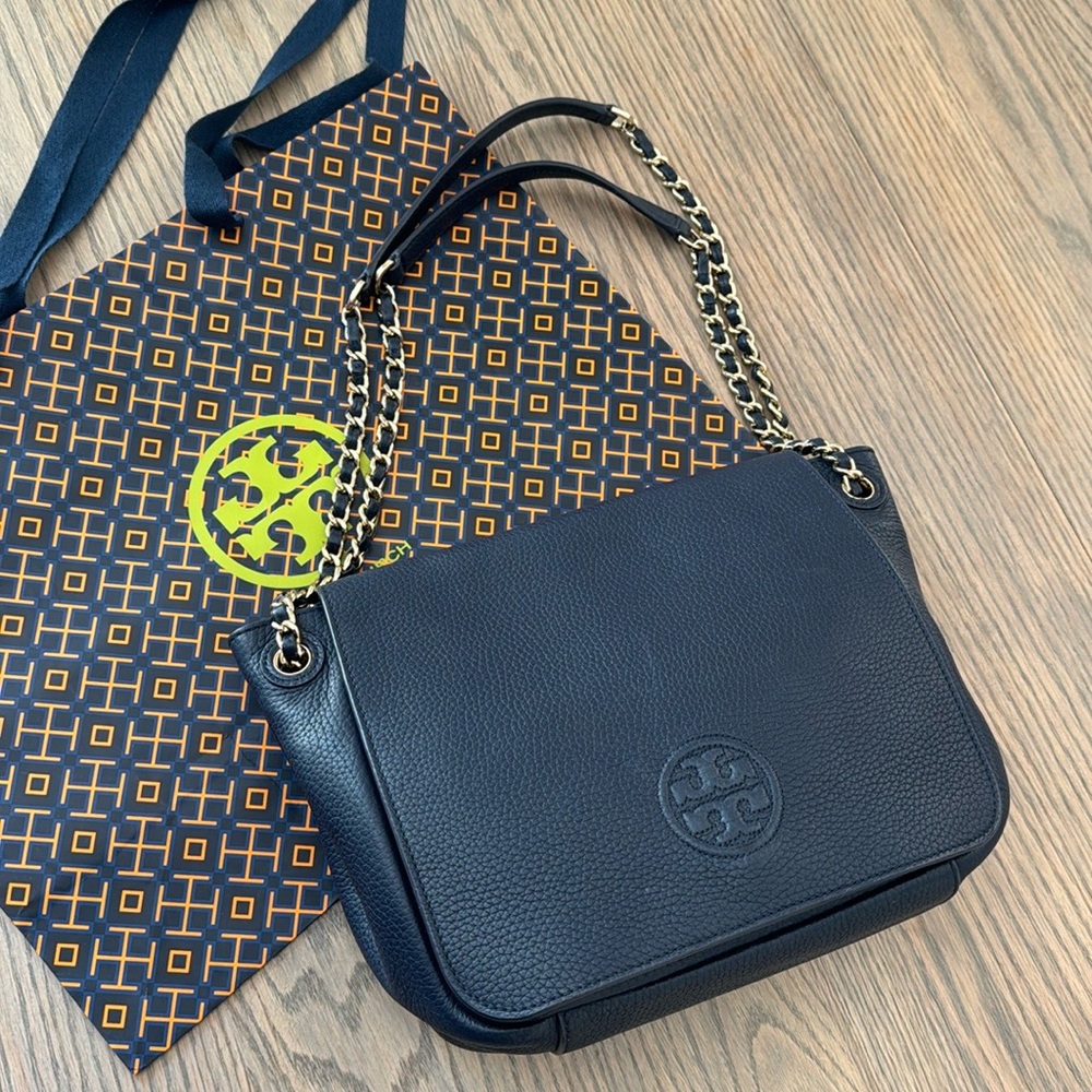 Tory Burch Marion pebbled navy leather with gold accents, two length strap- EUC